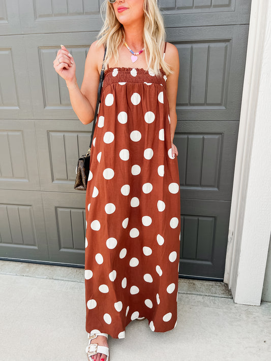 Reese Polka Dot Maxi Dress in Brown
