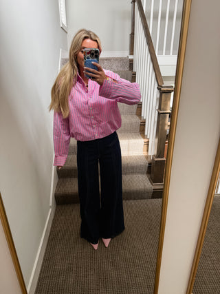 Kimber Stripe Bubble Button Down Top in Pink/Navy