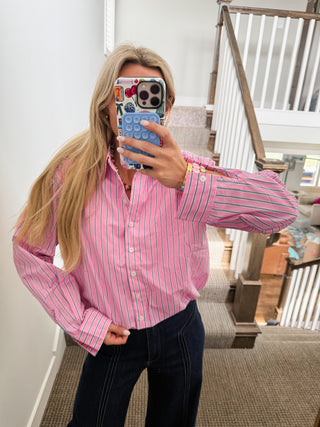Kimber Stripe Bubble Button Down Top in Pink/Navy