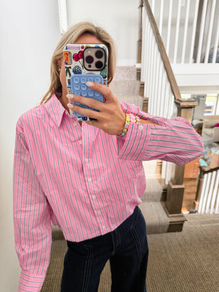 Kimber Stripe Bubble Button Down Top in Pink/Navy