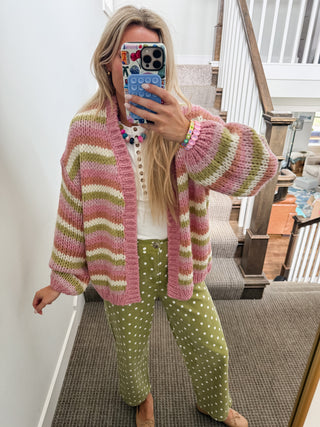 Blake Chunky Cardigan in Matcha/Pink
