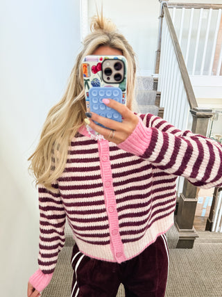 Saylor Stripe Cardigan in Light Pink/Wine