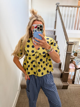 Molly Polka Dot Peter Pan Top in Lime/Navy