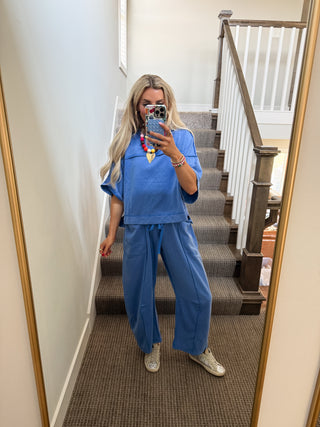 Kaylie Barrel Pant Lounge Set in Blue