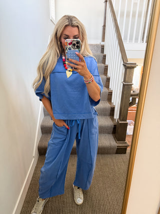 Kaylie Barrel Pant Lounge Set in Blue