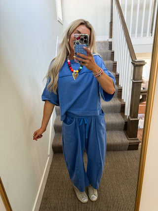 Kaylie Barrel Pant Lounge Set in Blue