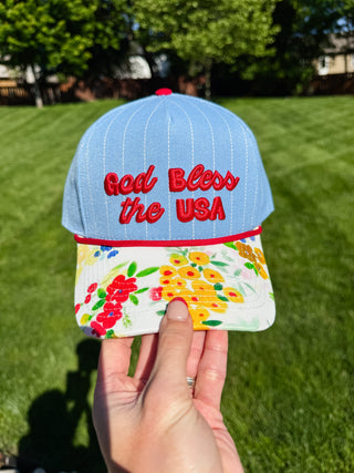 God Bless The USA Floral/Stripe Trucker Hat