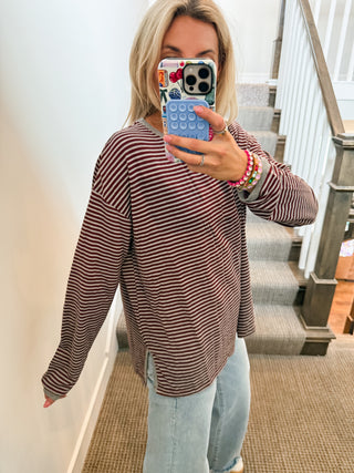 Twiggy Stripe Tee in Burgundy/Grey