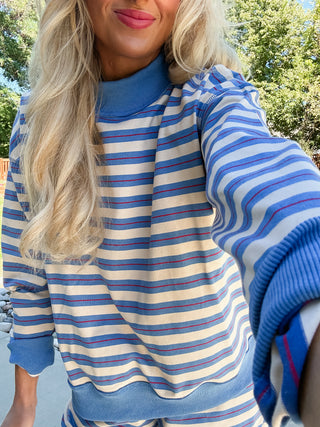Ryann Blue Multi Stripe Mock Neck Top