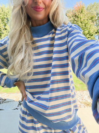 Ryann Blue Multi Stripe Mock Neck Top