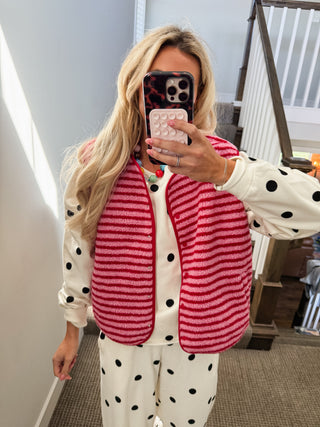 Alexa Stripe Sherpa Vest in Pink/Red