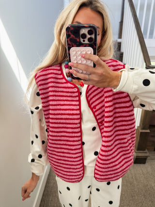 Alexa Stripe Sherpa Vest in Pink/Red