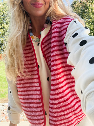 Alexa Stripe Sherpa Vest in Pink/Red