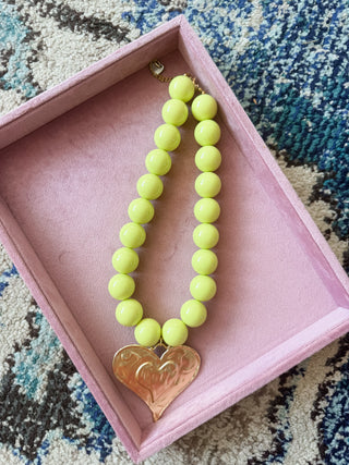Chunky Chartreuse Beaded Heart Necklace
