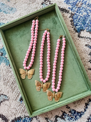 Pink Stripe Beaded Butterfly Necklace