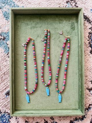 Beaded Fish Charm Necklace - Dark Multi