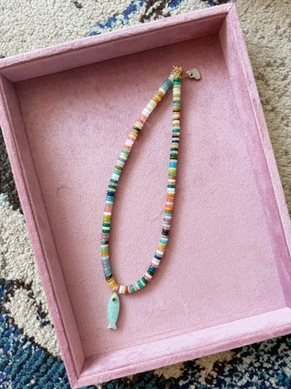 Beaded Fish Charm Necklace - Light Multi