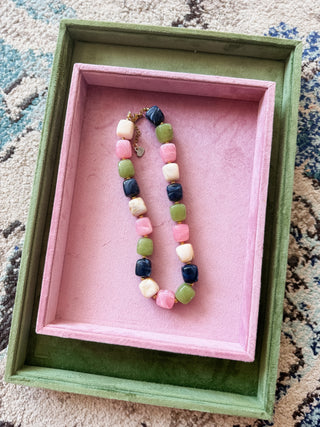 Chunky Beaded Necklace - Navy/Olive/Pink