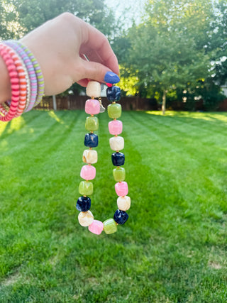 Chunky Beaded Necklace - Navy/Olive/Pink