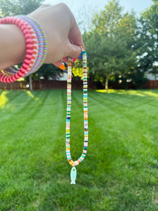 Beaded Fish Charm Necklace - Light Multi