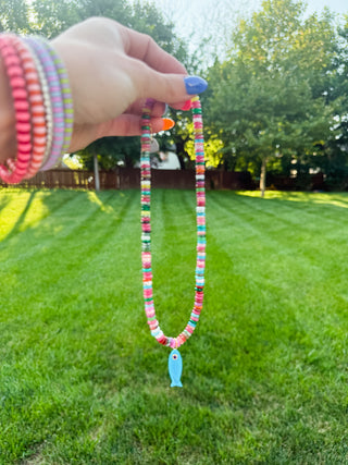 Beaded Fish Charm Necklace - Dark Multi