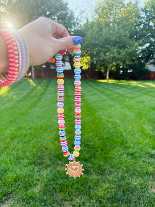 Rainbow Stripe Beaded Heart Necklace