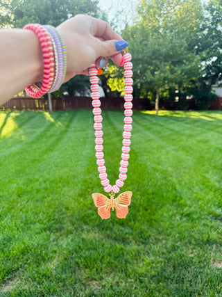 Pink Stripe Beaded Butterfly Necklace