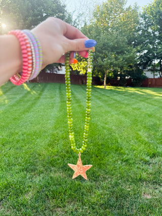 Chartreuse Green Beaded Star Necklace