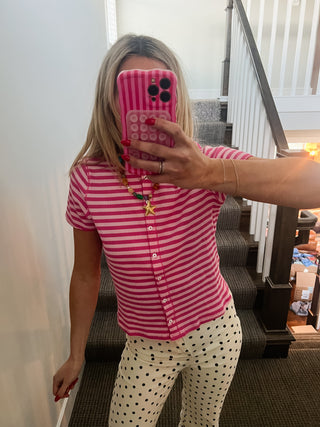 Zaylee Stripe Button Up Top in Pink/Punch