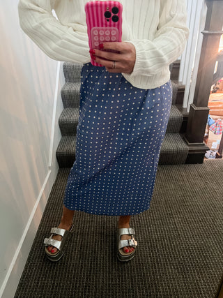 Tinley Polka Dot Midi Skirt in Blue/White