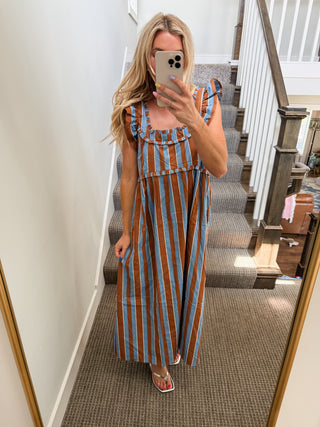 Penelope Ruffle Stripe Midi Dress