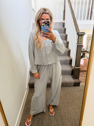 Heather Cardigan + Wide Leg Pant Set in Grey