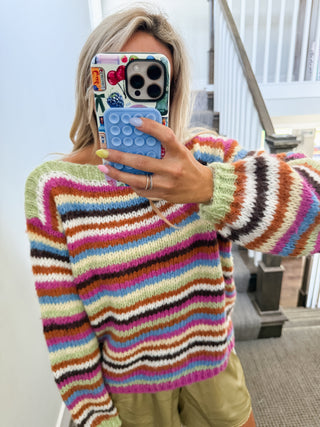 Quinten Rainbow Stripe Sweater in Lime/Magenta