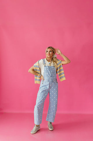 Gemma Polka Dot Barrel Overalls In Denim - RESTOCK