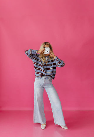 Piper Cardigan Multi-Stripe In Dusty Blue