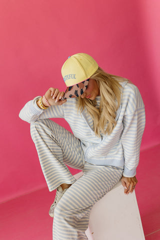Tia Stripe Zip Up Hoodie in Baby Blue