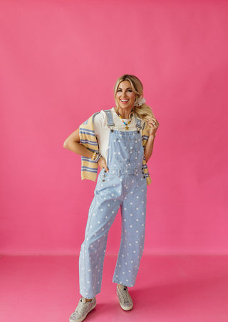 Gemma Polka Dot Barrel Overalls In Denim - RESTOCK
