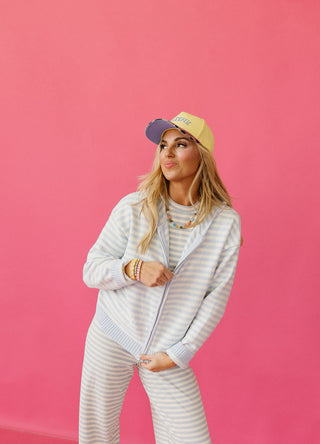 Tia Stripe Zip Up Hoodie in Baby Blue