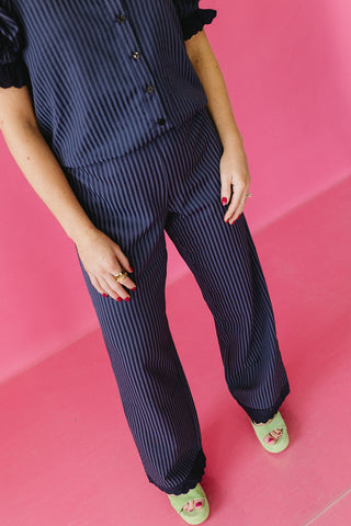 Jaden Pinstripe Lace Hem Pant