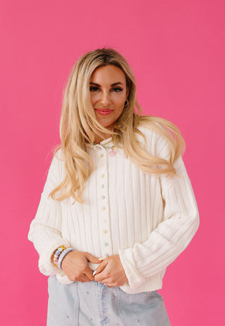 Kellen Cardigan Ribbed Mix Match Button in Snow