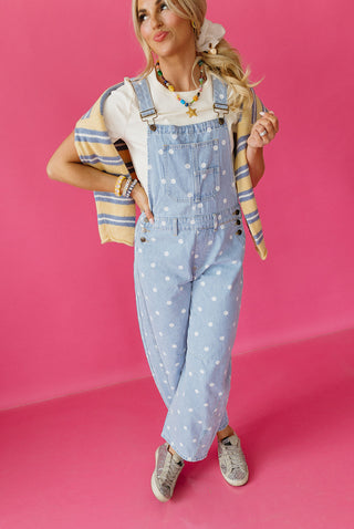 Gemma Polka Dot Barrel Overalls In Denim - RESTOCK