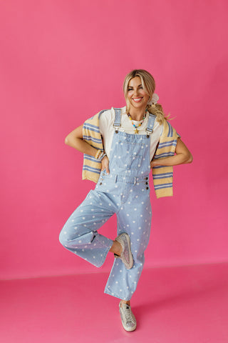Gemma Polka Dot Barrel Overalls In Denim - RESTOCK