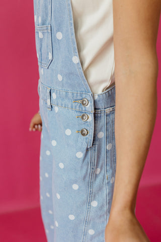Gemma Polka Dot Barrel Overalls In Denim - RESTOCK