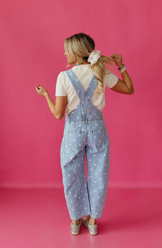 Gemma Polka Dot Barrel Overalls In Denim - RESTOCK