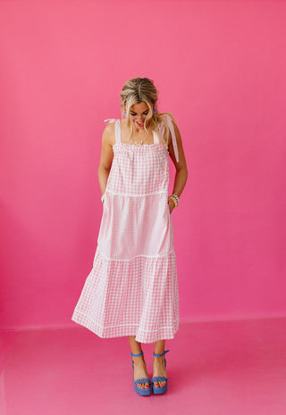 Aubrey Gingham Tiered Midi Dress
