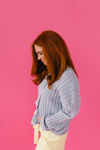 Kellen Cardigan Ribbed Mix Match Button in Dusty Blue