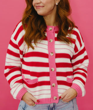 Camden Striped Cardigan In Pink/Red