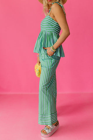 Giana Stripe Babydoll Pant Set in Green/Blue