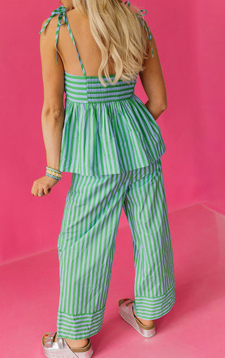 Giana Stripe Babydoll Pant Set in Green/Blue