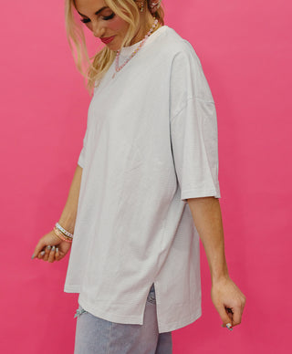 Kelly Ann Oversized Stripe Short Sleeve Tee In Light Blue